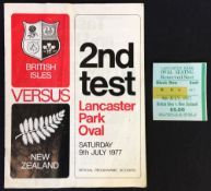 1977 British Lions v New Zealand tour programme and ticket - for the 2nd test at Lancaster Park Oval