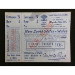 1927 Wales v New South Wales (Australia) Rugby ticket - lavender 10/- stand ticket for 18-8 N.S.W