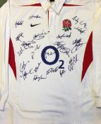 2000's England signed Nike merchandise rugby jersey - with sponsors 02 logo and signed by 20 players
