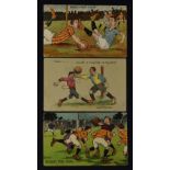 Early 20th century football postcards, two are stamped/franked, showing humorous moments in