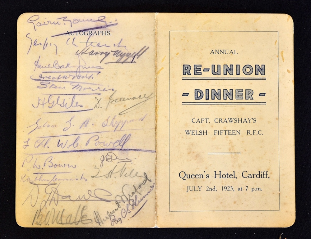 Rare 1923 Captain Crawshay's Welsh Rugby XV Reunion Signed Dinner Menu - scarce and sought-after