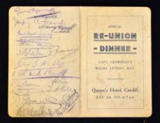 Rare 1923 Captain Crawshay's Welsh Rugby XV Reunion Signed Dinner Menu - scarce and sought-after