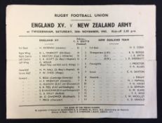 Scarce 1945 England XV v New Zealand Army Rugby programme - single folded sheet played at