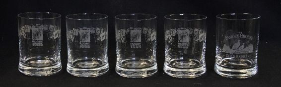 5x various 1995 Rugby World Cup Famous Grouse whiskey tumblers - decorated with RWC logos and Famous