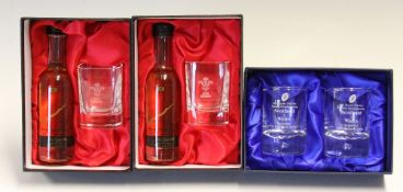 2x Six Nations Rugby Union Presentation Whisky miniature bottles c/w glass ware - incl 2x 2005 Wales
