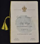 1959 Billy Wright Civic Banquet Menu, the evening to celebrate his 100 Full Internationals for