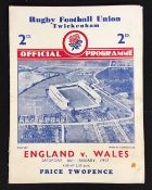 1937 England (Grand Slam) v Wales Rugby programme - single folded card played at Twickenham, 4-3