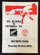 1988 New Zealand All Blacks Rugby tour to Australia programme - v Victoria XV played at Olympic