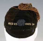 Distressed honours cap, probably Rugby cap - gold tassel on dark green velvet, made by R C Ward of