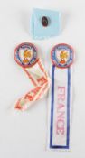 3x various France rugby tour to New Zealand souvenir pin badges - two with ribbons and another