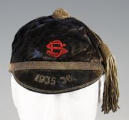 1935-36 Davenport Services Rugby honours cap - velvet navy blue cap with gold braid and tassel, made