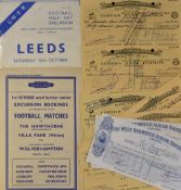 Wolverhampton Wanderers ephemera to include LNER half day excursion Leeds 15 October 1938, British