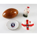 Rugby Ceramics Selection - including rugby ball money box 7"x4", Swn-y-mor Welsh rugby ball