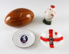 Rugby Ceramics Selection - including rugby ball money box 7"x4", Swn-y-mor Welsh rugby ball