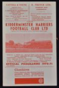 1970/71 Kidderminster Harriers v Wolverhampton Wanderers testimonial Football programme dated 15