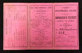 1889-90 York Football Club Rugby members Stand admission card - 3-fold single card lilac and cream