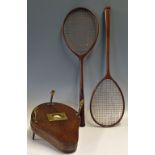 Badminton - Solid Wood and Brass Racket Press and Badminton Rackets the press stamped 'Henry Malings