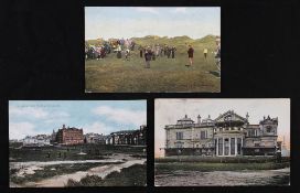 3x St Andrews Golfing colour post cards from the early1900's period - golfing scene match dated '02;