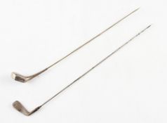 2x sterling silver golf club hat pins - comprising an iron silver hallmarked Birmingham 1932 and a