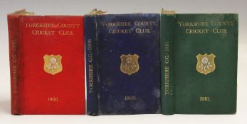 Cricket - Yorkshire County Cricket Club 1908, 1909 and 1910 Year Books - bound in red, blue and