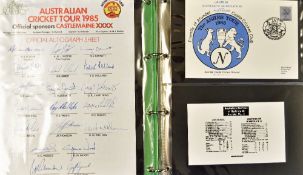 Folder of 1985 Cricket The Ashes Tour Ephemera including signed facsimile autograph sheet,