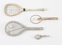 Selection of Tennis Racket Brooches includes a gold plate racket with pearl to centre measures