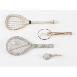 Selection of Tennis Racket Brooches includes a gold plate racket with pearl to centre measures