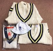Cricket - 3 Cricket Pullovers two by Luke Eyres with blue and yellow stripes, (one sleeveless),