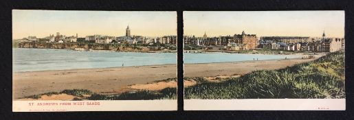 Scarce St Andrews Old Course and Town double coloured panoramic postcard view from 1905 - by