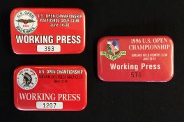 2x US Open Golf Championship Press Entrance Badges from the early 1990's - red and white rectangular