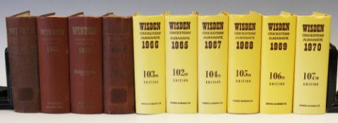 Wisden Cricketers' Almanacks 1961-1970 - 1965 to 1970 having dust jackets, 1961 to 1964 have overall