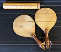 Table Tennis - pair of Edwardian Table Tennis Racquets together with a 'Whiff-Waff' marked tube with