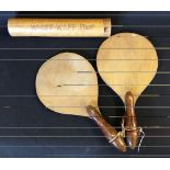 Table Tennis - pair of Edwardian Table Tennis Racquets together with a 'Whiff-Waff' marked tube with