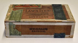 Tennis - Early 20th Century Lawn Tennis Cigar Box with accompanying labels, the box engraved with '