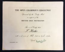 Scarce 1952 Bobby Locke Open Champion's Golf Challenge signed certificate -sponsored by The Daily