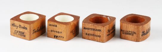 Set of 4x Golf Clubmakers stamped wooden serviette rings - each panel stamped with makers cleek