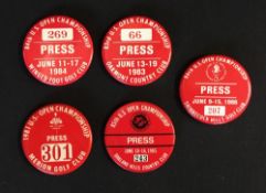 5x US Open Golf Championship Press Entrance Badges from the early 1980's - red and white circular