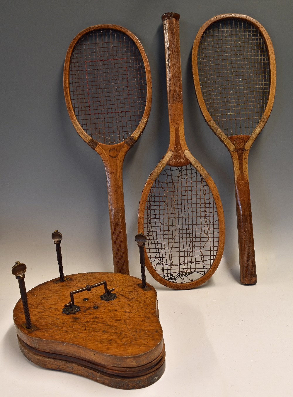 Tennis - Solid Wood and Brass Tennis Racket Press and Tennis Rackets includes the press appears