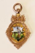 Cricket - Early 20thÎntury 9ct Gold and Enamel Central Lancashire League Medal engraved to rear