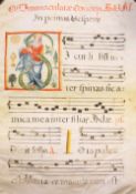 A large impressive decorative liturgical manuscript leaf on vellum - with a charming painting,