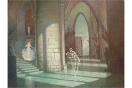 Ferdinand Fissi (1872-1954) Signed Oil on Board depicts a castle interior with a young girl