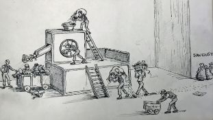 'Dollmaker' Original Drawing in pen and pencil depicts workers filling a machine with rags and