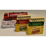 Dinky Toys 290 Double Decker Bus Red and Green Models - both with cream upper deck and Dunlop