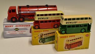 Dinky Toys 290 Double Decker Bus Red and Green Models - both with cream upper deck and Dunlop