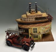 Large Tinplate Fire Engine measuring 40cm in length together with a tinplate steam ship with