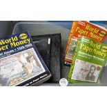 Selection of World Paper Money Price Guides plus empty albums and album pages and a magnifier