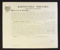 Barnstable Theatre, Devon 1833 Share Certificate - for 1 share, unissued. Also stating holder