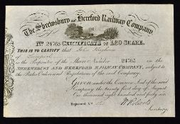 The Shrewsbury And Hereford Railway Company Certificate for One £20 Share (A 50mile line opened in