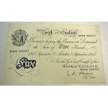 1955 Bank of England White £5 Banknote prefix no A68A026531, O'Brien, with light creases