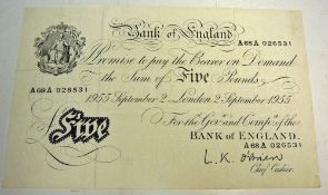 1955 Bank of England White £5 Banknote prefix no A68A026531, O'Brien, with light creases